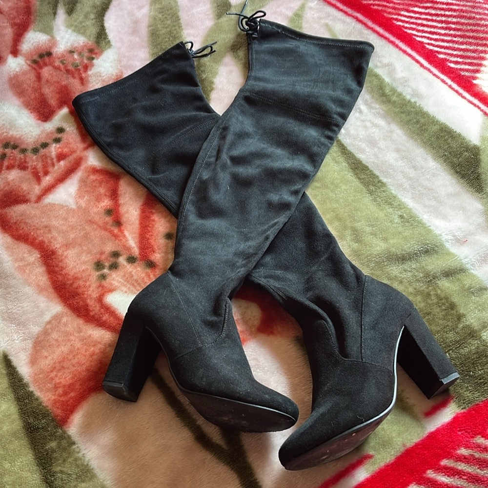 Over The Knee Black Suede Block Heeled Boots, size 5.5